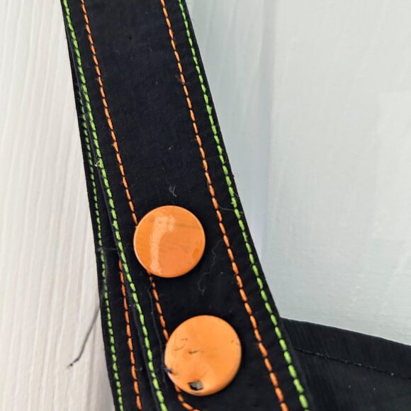 Unique black pinafore dress with orange and green stitching, ribbons & buttons - Picture 9 of 10